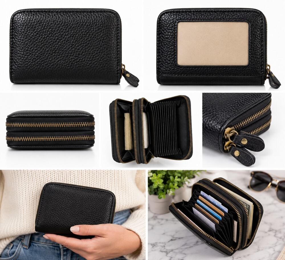 Black Pebbled Double-Zip Accordion Wallet with ID Window